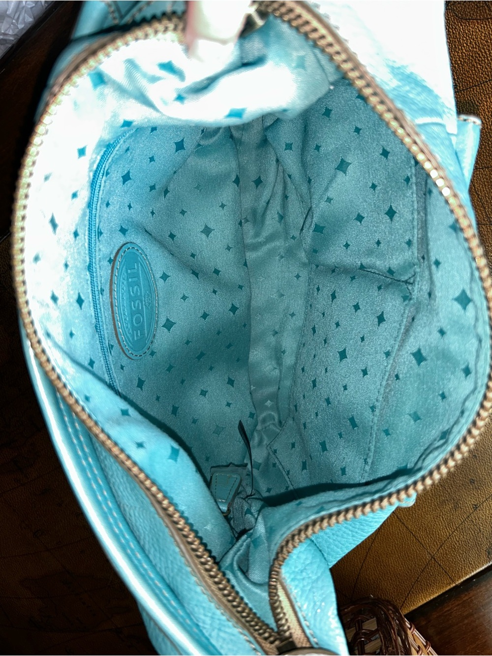 Vintage Fossil Teal Blue Pebbled Leather Shoulder Hobo Bag - Picture 10 of 16